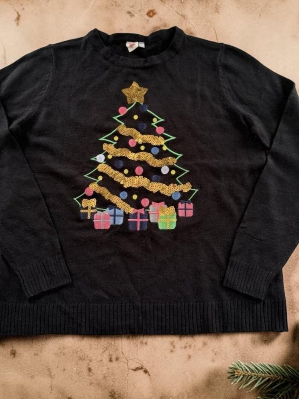 Women's Dari Christmas Sweater‎ Large Black Sequin Tree Holiday